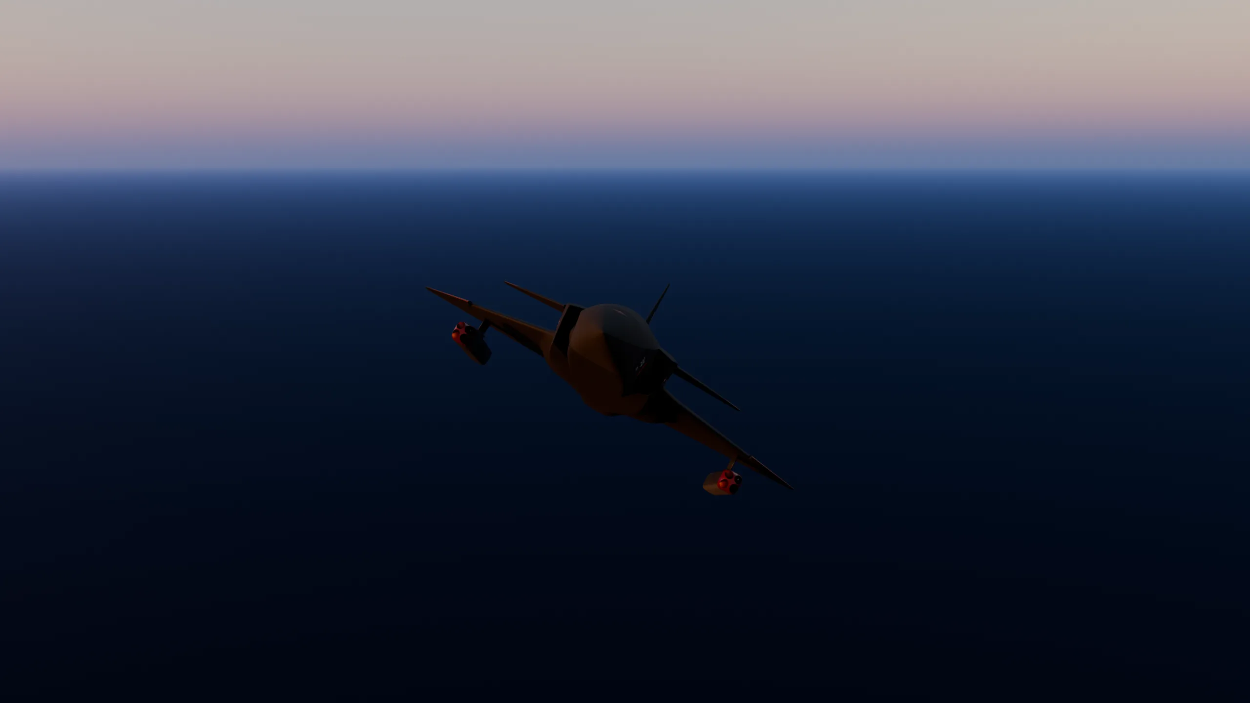 Strigoi airborne at dusk, banking above the horizon